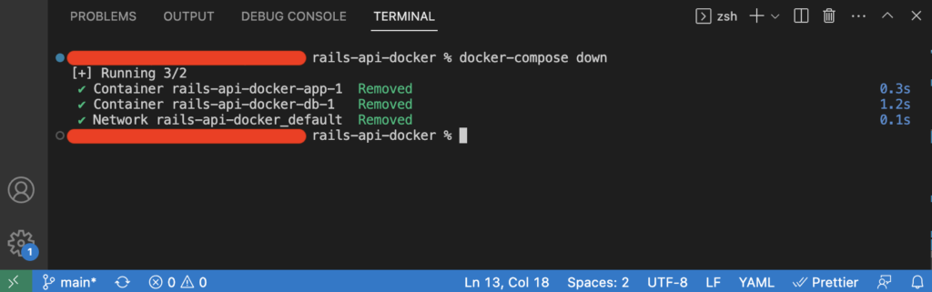 VS Çode Terminal docker-compose down